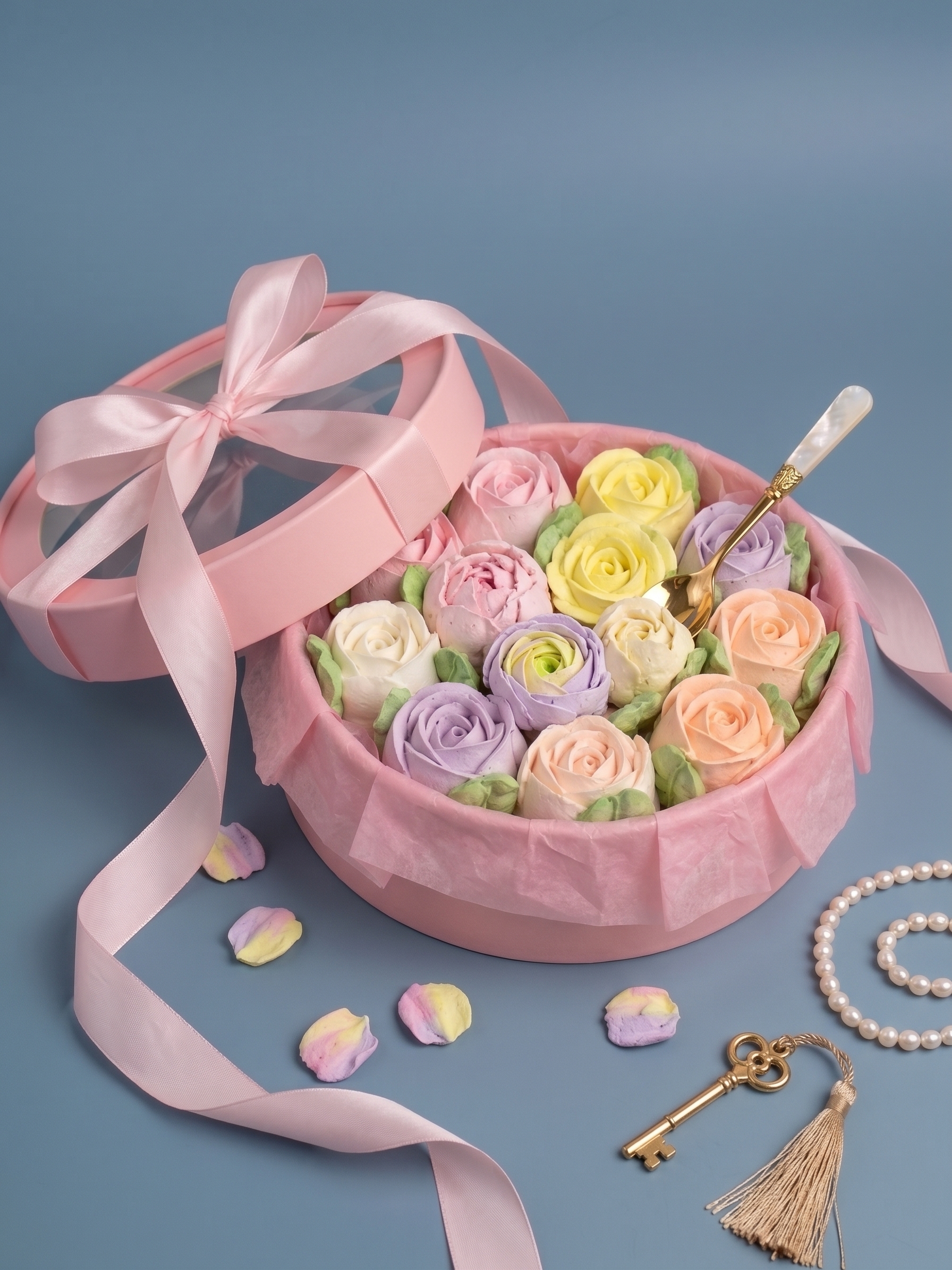 Marshmallow flowers arranged around a celebratory bottle