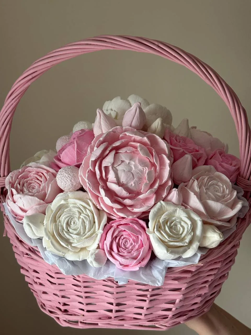Large pink and ivory marshmallow flower basket