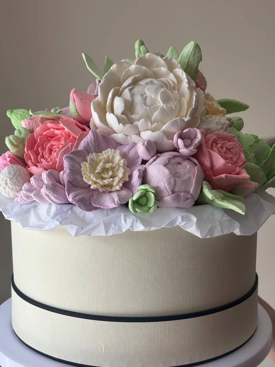 Large pink, lilac and ivory marshmallow flower bouquet ready for delivery