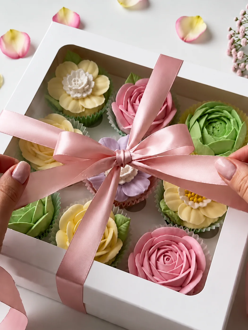 Ribboned box of individual marshmallow flowers