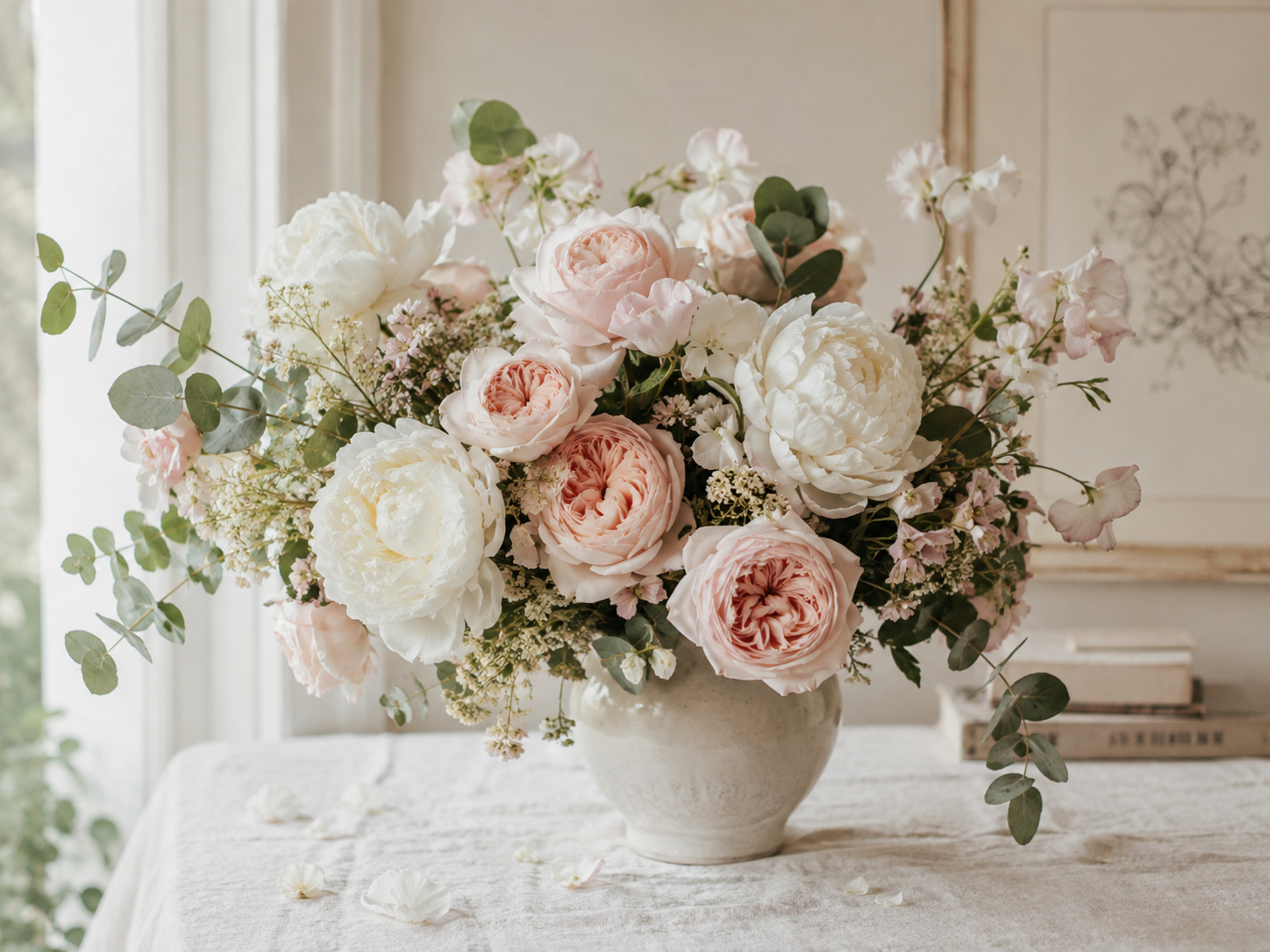 Classic luxury botanical flowers in a soft ceramic vase