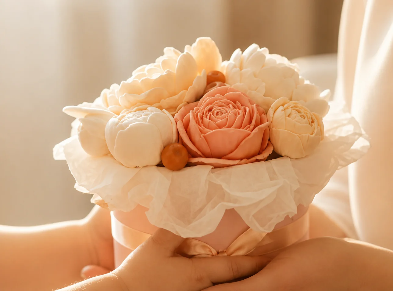 A warm peach and cream marshmallow bouquet held as a meaningful gift