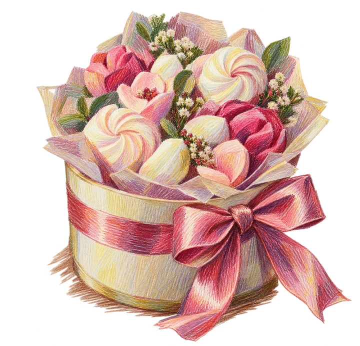 Celebration marshmallow bouquet hatbox with ribbon illustration