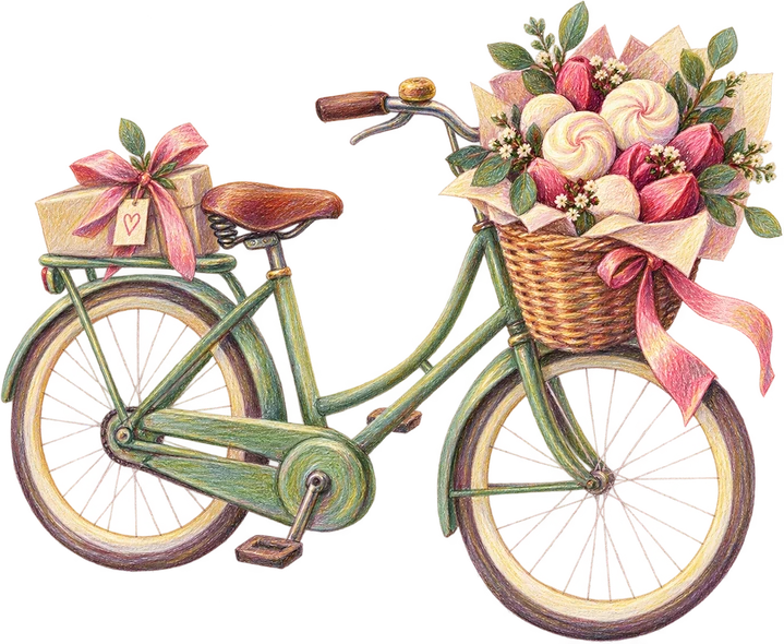 Artisan bicycle delivery with marshmallow flowers illustration