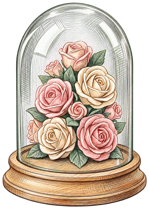 Artisan glass display cloche with handcrafted marshmallow roses illustration