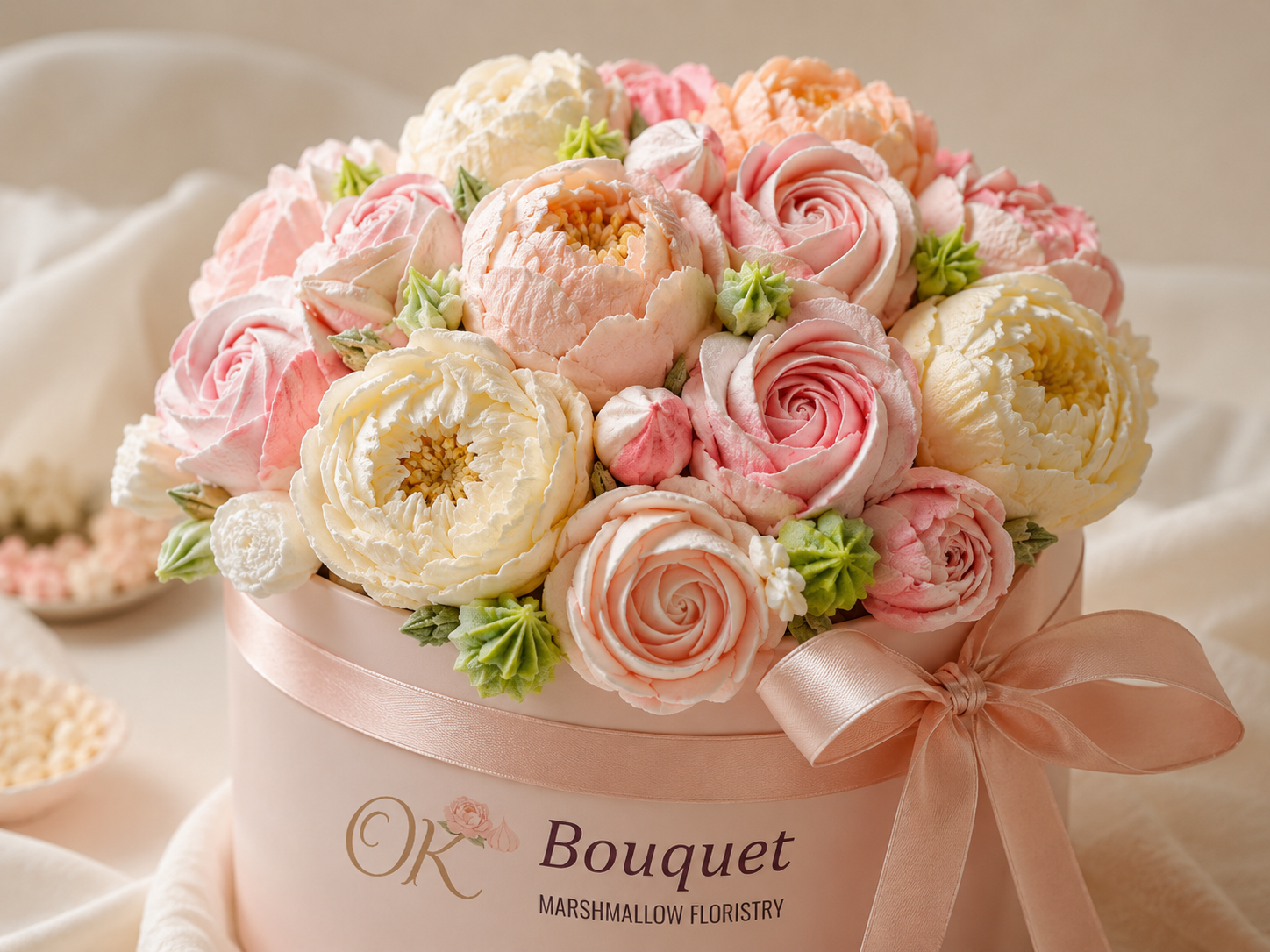 Handmade pastel marshmallow flower bouquet in a blush gift box