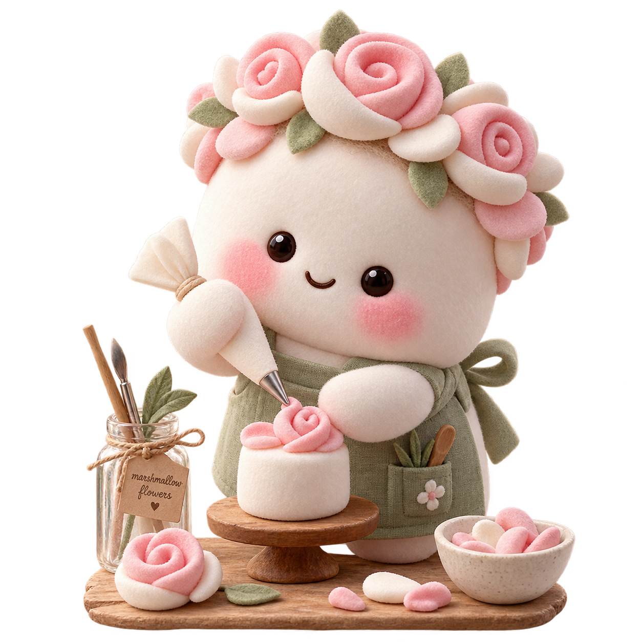 Artisan marshmallow florist mascot holding a piping bag