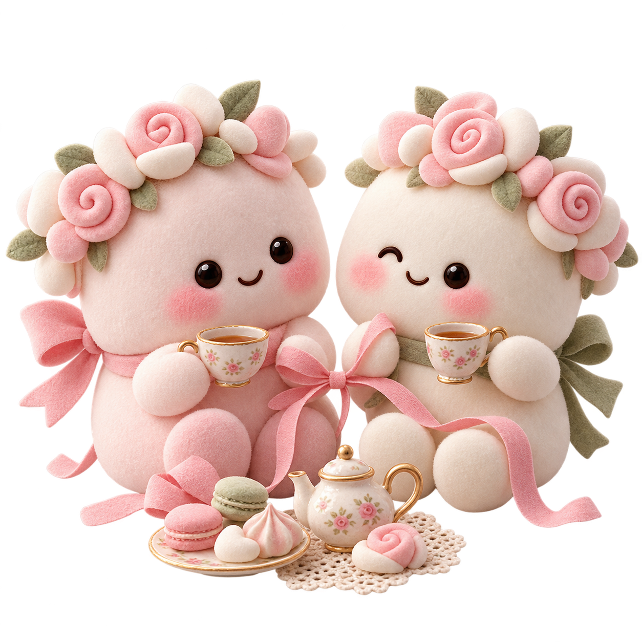 Two marshmallow mascots sharing a warm cup of tea