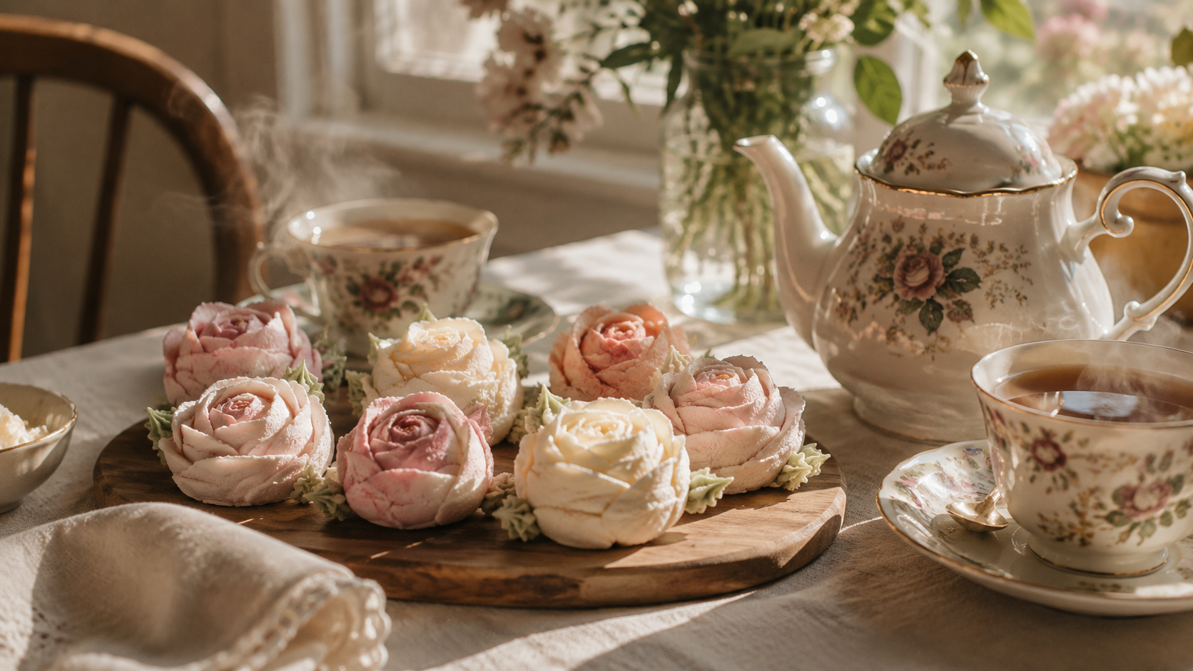English tea setting with handmade pastel marshmallow flowers on delicate porcelain saucers
